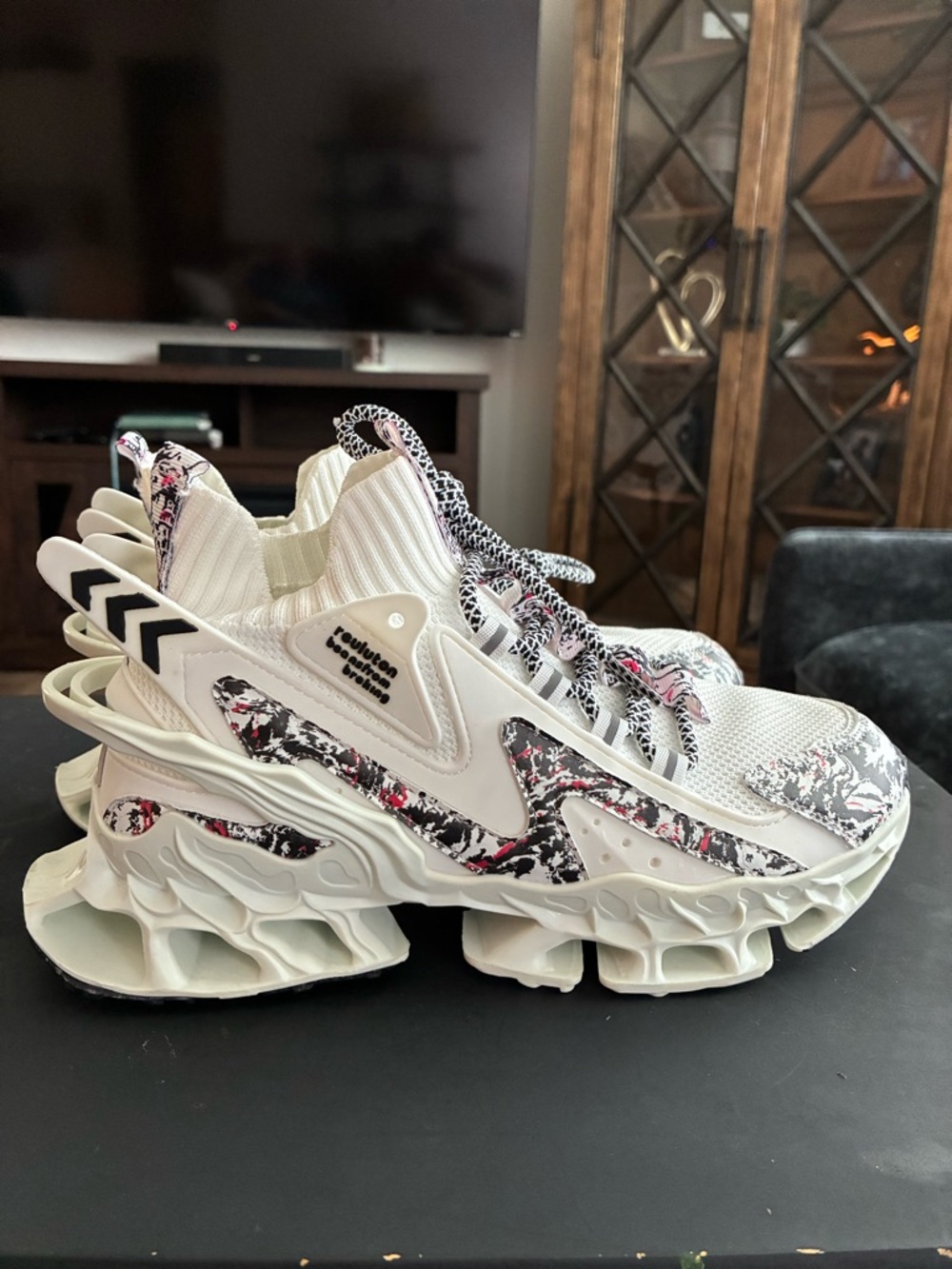 White Sculpted Sole Athletic Sneakers with Black & Pink Splatter